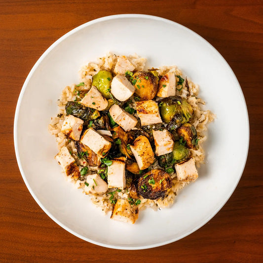 Grilled Chicken Breast, Honey Garlic Brussels, Cilantro Lime Brown Rice, Chimichurri Aioli
