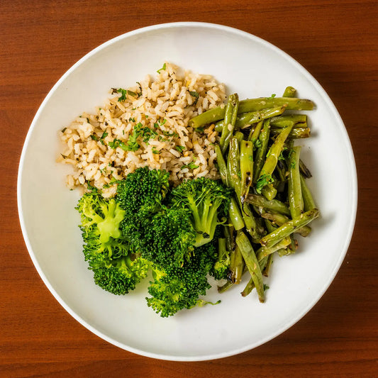 Broccoli, Garlic Green Beans, Cilantro Lime Brown Rice